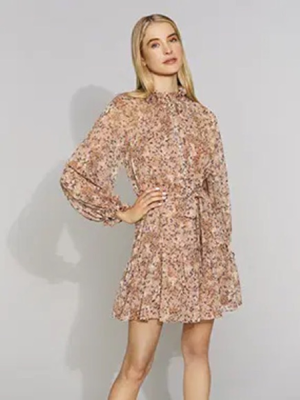 ANTONIO MELANI Isabella Brown Floral Long-Sleeve Tiered Dress